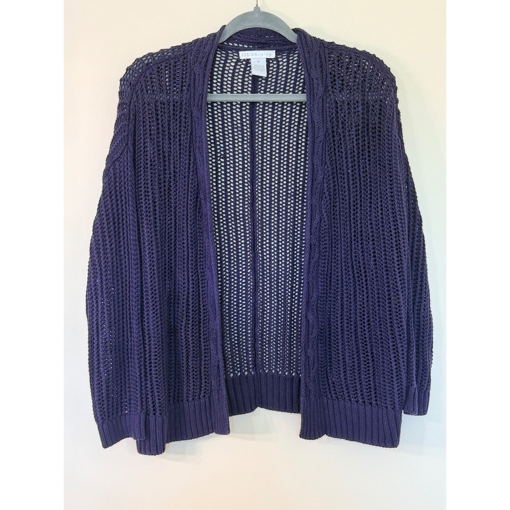 Design History Womens Purple Open Knit Cardigan Size M Long Sleeve Cotton